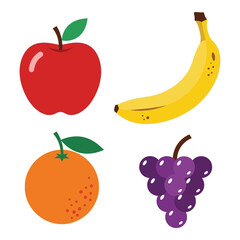 Fresh red apple banana orange and grapes fruits isolated healthy food icons colorful vibrant natural produce elements
