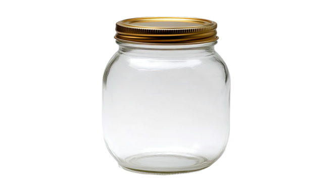 Clear glass jar with a gold lid on a black background, plain and simple