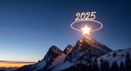 Illuminated year above snowy mountain peak with a glowing star and a clear blue gradient sky above it