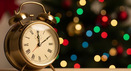 Alarm clock shows almost midnight near christmas tree with colorful lights, anticipating new year and festive cheer.