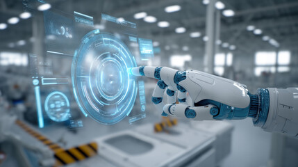 Robotic hand interacting with futuristic digital interface in a factory setting. An advanced robotic arm interacts with a glowing digital interface, showcasing innovation and technology.