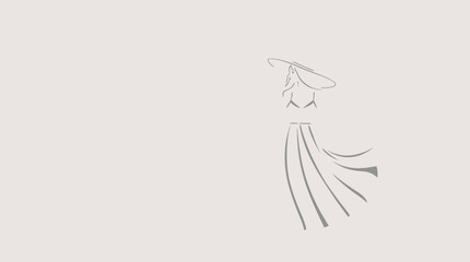 A minimalist line drawing depicts a woman in a long flowing dress and hat.