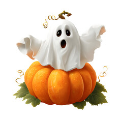 Cute Ghost and Pumpkin Halloween Illustration, isolated on transparent background