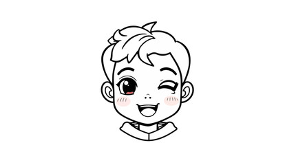 Cartoon illustration of a young boy's face, winking with a cheerful smile, outlined in black on a white background.