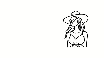 A woman wearing a hat and sunglasses looks to the side in this black and white line art illustration.