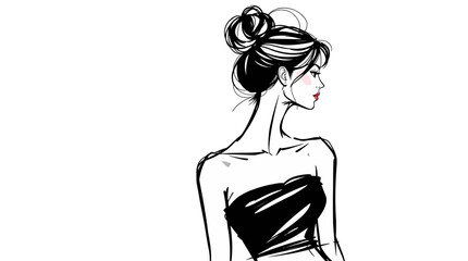 A woman with a high bun hairstyle and a black strapless top looks to the side in a stylized illustration.