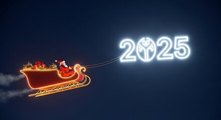 Santa claus in sleigh with presents flying towards glowing year two thousand twenty five in the night sky