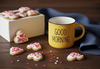 Good morning" concept with a yellow coffee mug and heart-shaped cookies on a dark wooden table. Cozy and romantic breakfast still life with homemade biscuits.