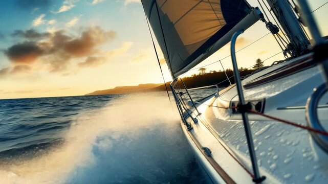 Dynamic video concept of a sailboat cutting through waves at sunset. Captured from a low angle, emphasizing speed and adventure on the open sea. Live desktop wallpaper.