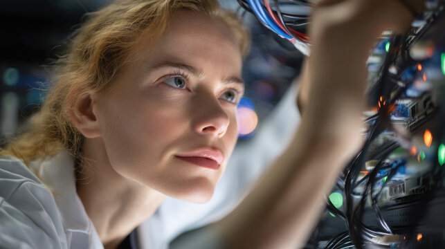 Female IT engineer working on a server in a data center, close-up shot. A woman in a lab coat is working on a server, likely troubleshooting or maintaining the system. 