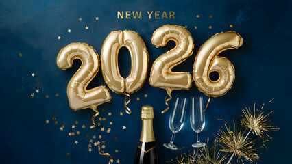 Vector art of new year 2026 celebration with champagne and balloon on blue