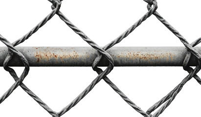 Close-up of wire-mesh fence section with rusted metal bar; diamond pattern