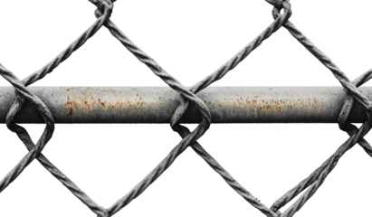Close-up of wire-mesh fence section with rusted metal bar; diamond pattern