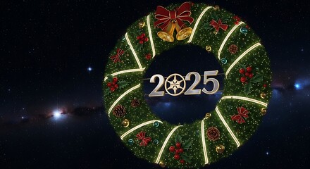 A christmas wreath with lights and ornaments and the year 2025 on a starry space background