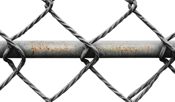 Close-up of wire-mesh fence section with rusted metal bar; diamond pattern