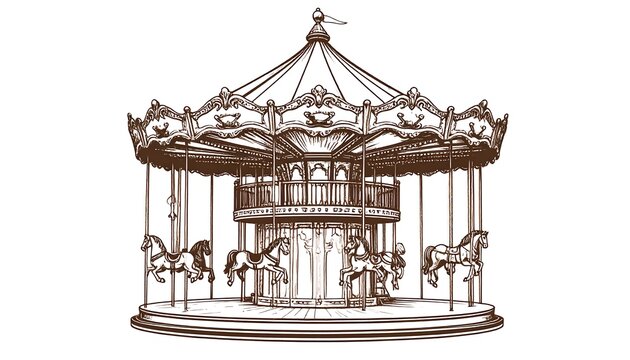 A detailed brown sketch of a traditional carousel with ornate design and decorative horses