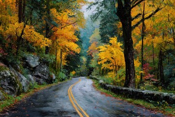 Obraz premium Curving paved road lined with autumn trees on a rainy day in Great Smoky Mountains National Park, Tennessee, Usa