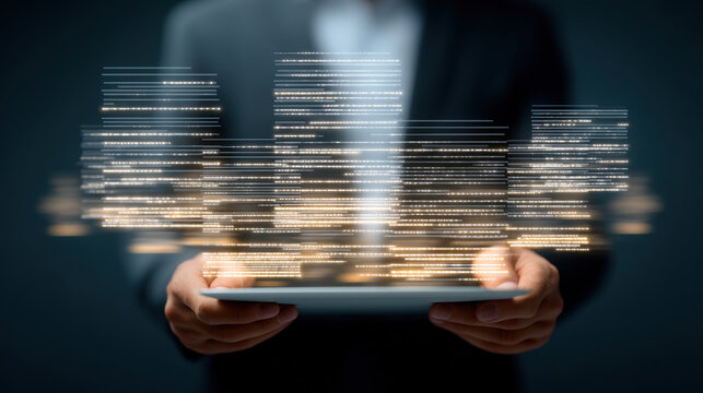 Businessman holding a tablet with glowing data visualization. A person in a suit holds a tablet with a digital overlay, representing data and technology