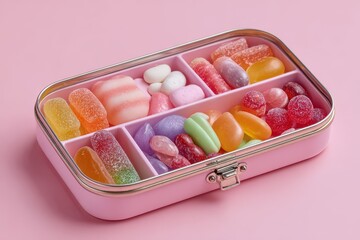 Open pink case filled with assorted colorful candy, sugary sweets arranged in compartments, studio shot on a pink background