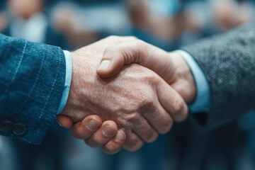 Fototapeta premium Close-up shows two people shaking hands during the daytime, signifying a business deal or agreement being made in an office setting