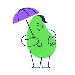 Abstract character. Geometric comic creature emotion. Funny face business avatar waits with an umbrella and looks at his watch. Vector illustration