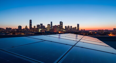 Fototapeta premium City skyline behind rooftop solar panels at dusk