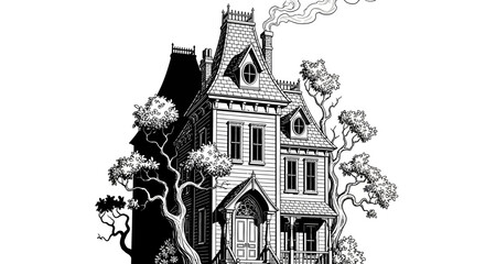 A detailed black and white illustration of a gothic Victorian house.