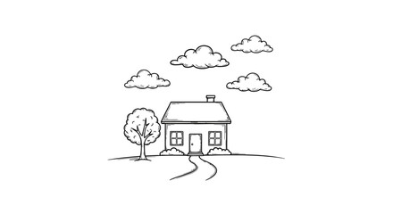 Simple sketch of a house with a tree, pathway, and clouds in a minimalist style.