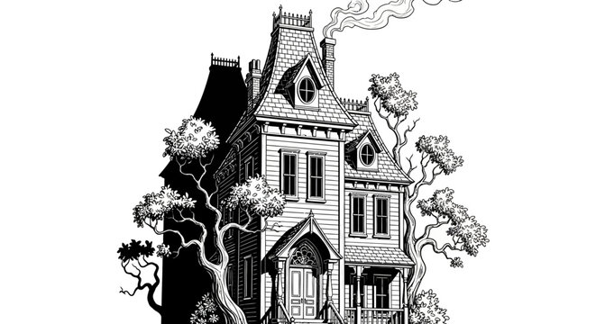 A detailed black and white illustration of a gothic Victorian house.