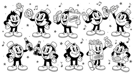 A collection of cartoon characters holding various food and drink items, smiling.