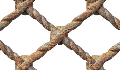Twisted, rusted metal weave; diagonal pattern against dark background