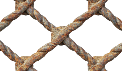 Twisted, rusted metal weave; diagonal pattern against dark background
