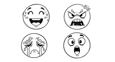 A monochrome illustration depicting four different facial expressions, each representing a distinct emotion.