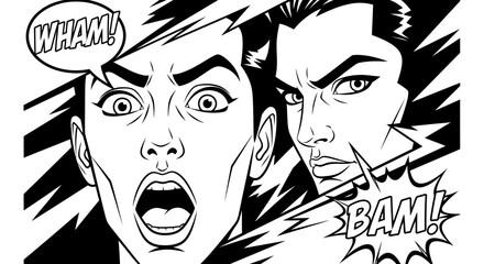 Comic book style illustration of a woman yelling "WHAM!" with a man looking intensely in the background, "BAM!" sound effect.