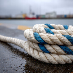 Fototapeta premium Coiled rope on wet dock with blurred harbor background.