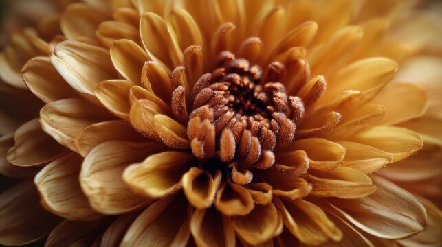 Golden chrysanthemum flower close-up with dewdrops