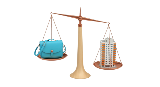 Isolated scales with bag and building model, balanced view metaphor value assessment