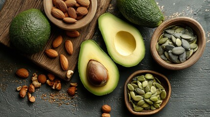 Overhead shot of healthy superfoods, including sliced and whole avocados, almonds, and green pumpkin seeds in wooden bowls, on a dark rustic surface.