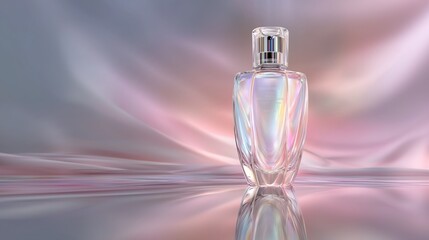 Luxury perfume bottle on iridescent pastel background with elegant reflections, symbolizing beauty, femininity, and modern fragrance design.