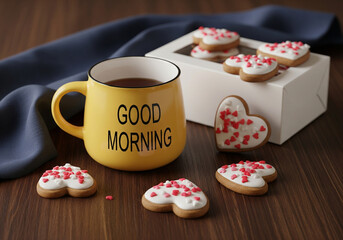 Cozy morning breakfast scene with a "Good Morning" mug and heart cookies.