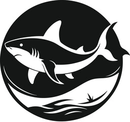 Vector a black and white illustration of a shark swimming in a circle with waves below, isolated on white background