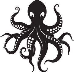 Vector black silhouette of an octopus with large eyes and tentacles, isolated on white background