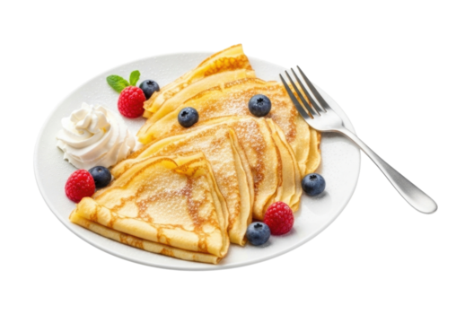 Stack of crepes with berries and whipped cream isolated on transparent background