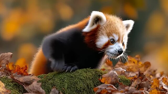 Adorable Red Panda Cub Exploring an Autumn Forest.