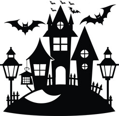 Vector spooky haunted house silhouette with bats and lanterns, isolated on white background