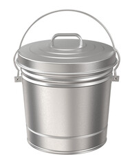 Metal garden vintage bucket or metal bucket with locking lid handle. One shiny metal bucket isolated. Png transparency