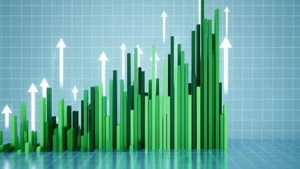 Vibrant green bar graph illustrating upward trend in data analytics with grid background - Powered by Adobe