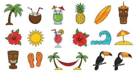 A vibrant illustration showcases tropical elements like cocktails, toucans, hibiscus flowers, and surfboards, evoking a sense of relaxation.