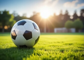 A close-up shot of a soccer ball on a green grass field