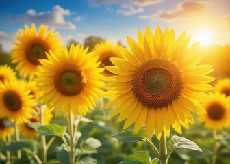 Fototapeta premium Bright yellow sunflowers swaying gently in the warm summer breeze